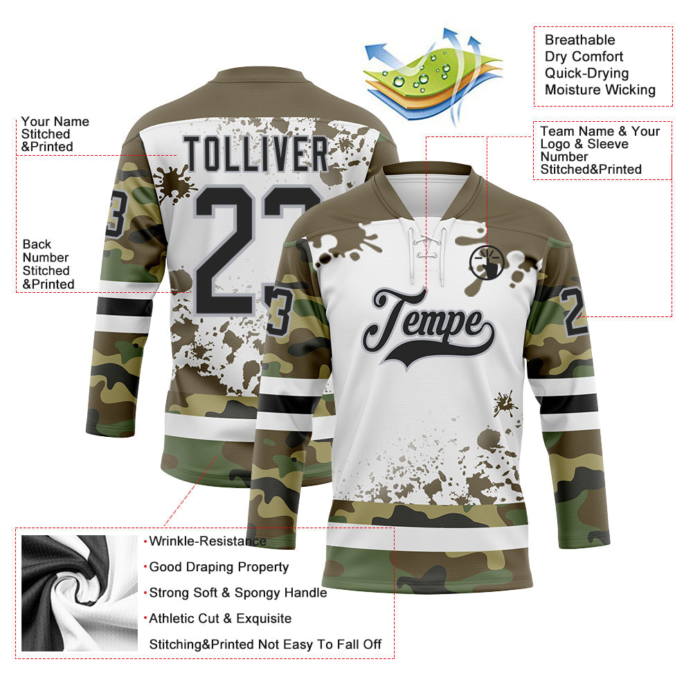 Custom Camo Black Olive Gray-White Splash Hockey Lace Neck Jersey T-Shirts, Hoodie, Sweatshirt | WearSparks.com (Image 3)