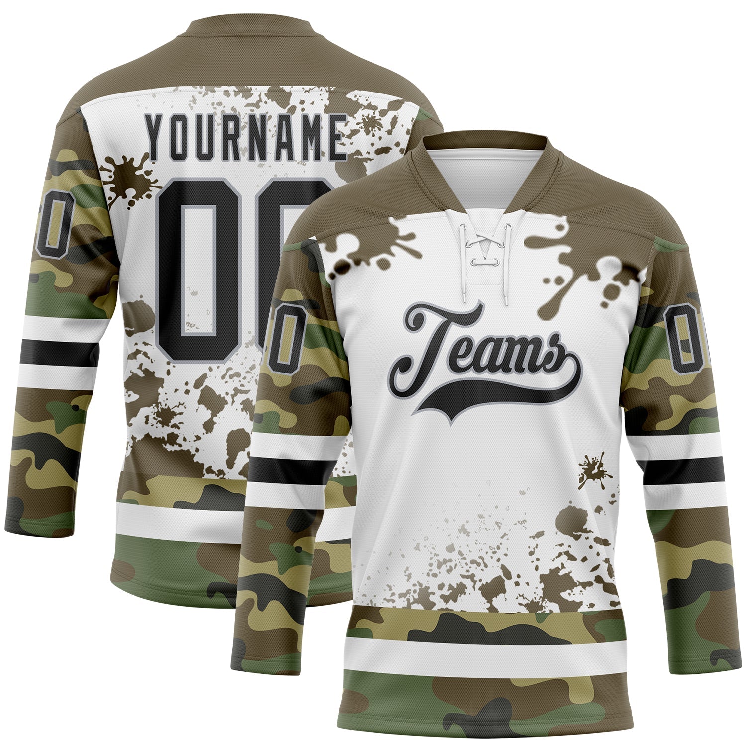 Custom Camo Black Olive Gray-White Splash Hockey Lace Neck Jersey T-Shirts, Hoodie, Sweatshirt | WearSparks.com (Image 1)