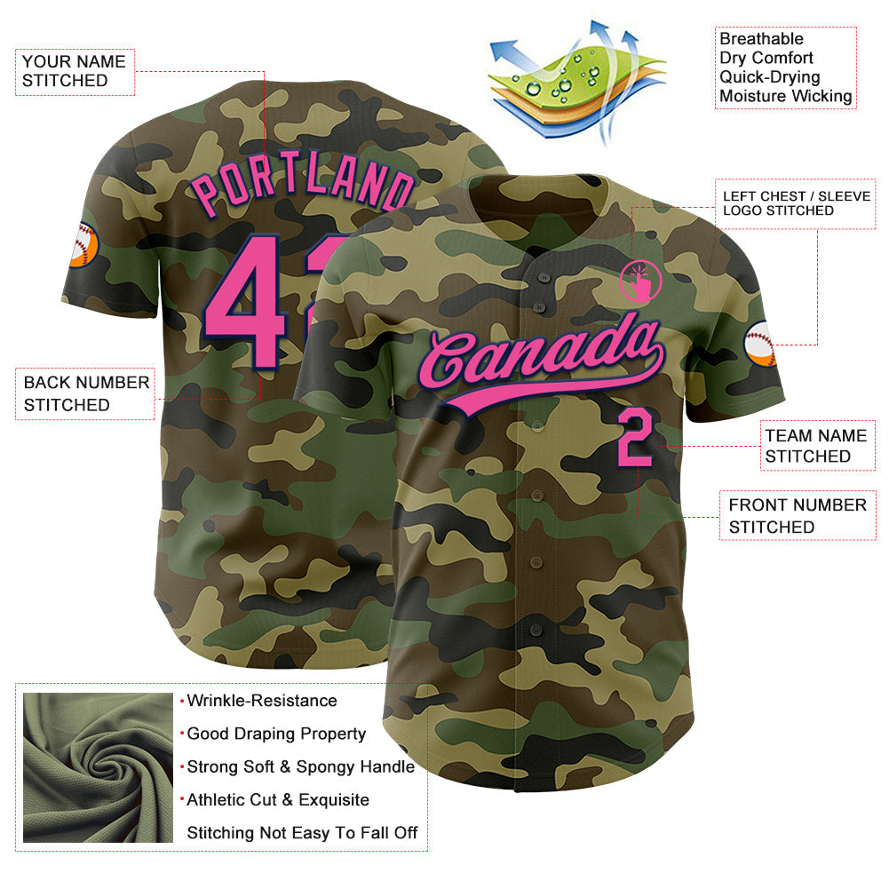 Custom Camo Pink-Navy Authentic Salute To Service Baseball Jersey