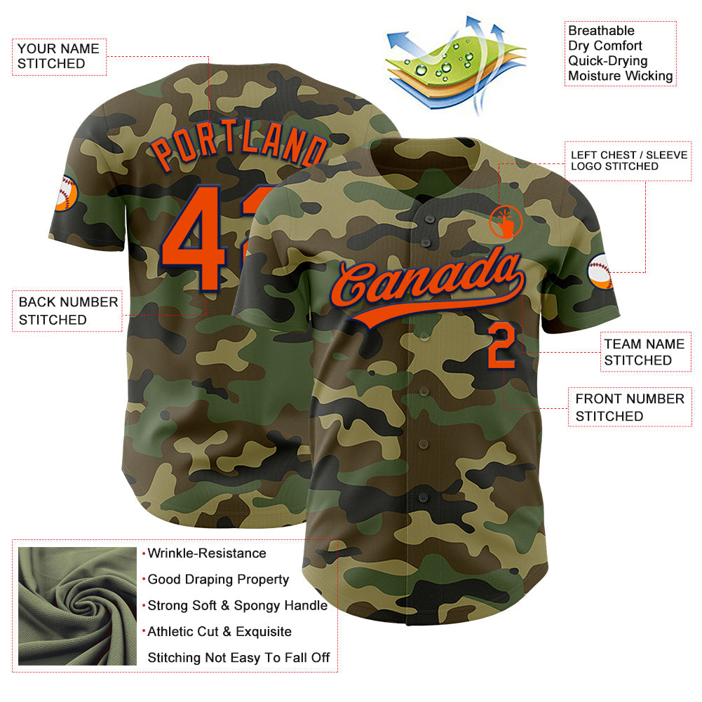 Custom Camo Orange-Navy Authentic Salute To Service Baseball Jersey