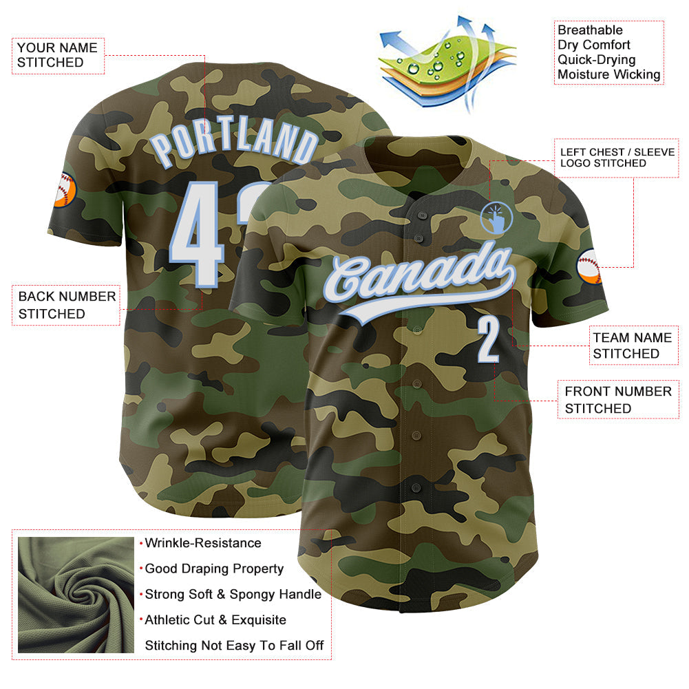 Custom Camo White-Light Blue Authentic Salute To Service Baseball Jersey