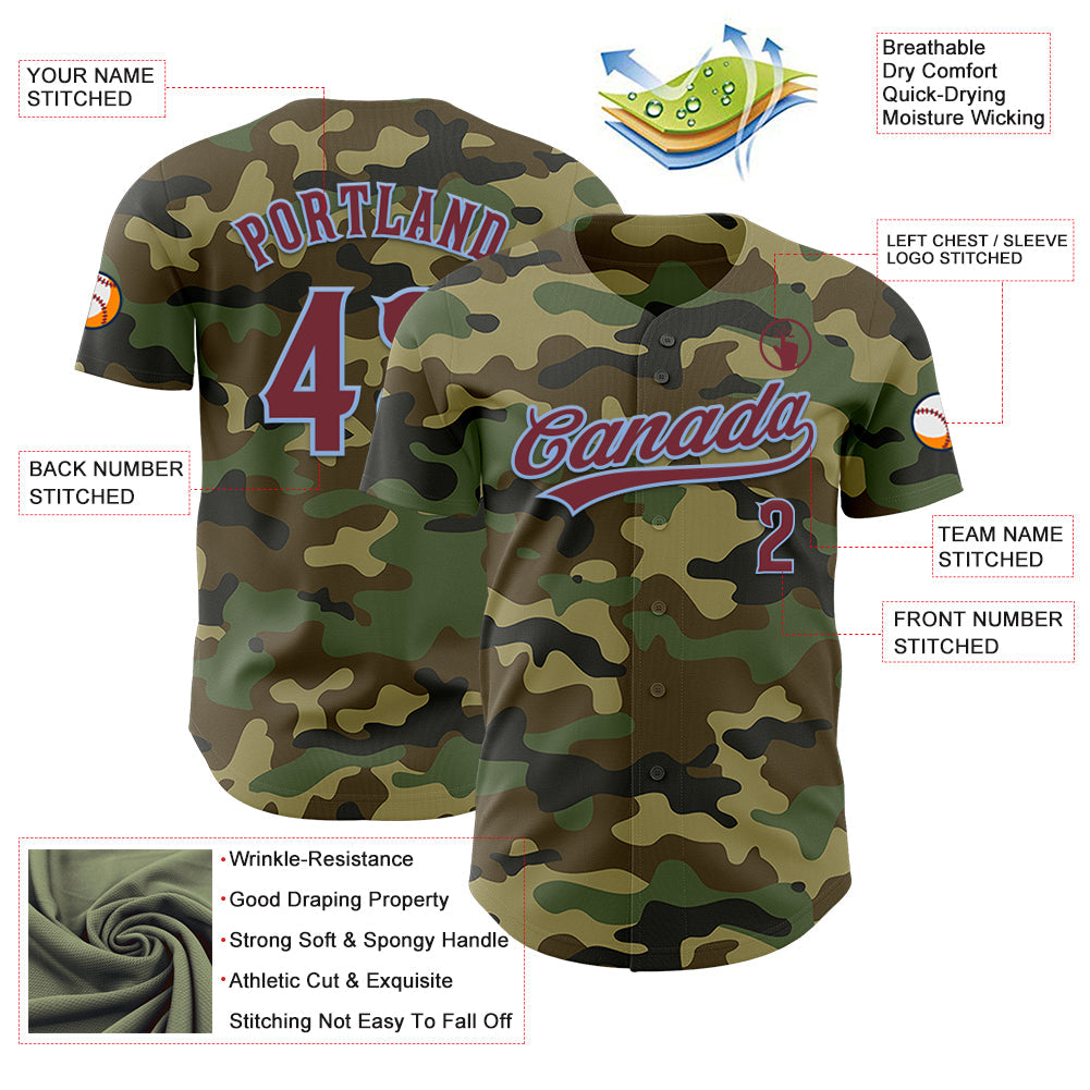 Custom Camo Burgundy-Light Blue Authentic Salute To Service Baseball Jersey