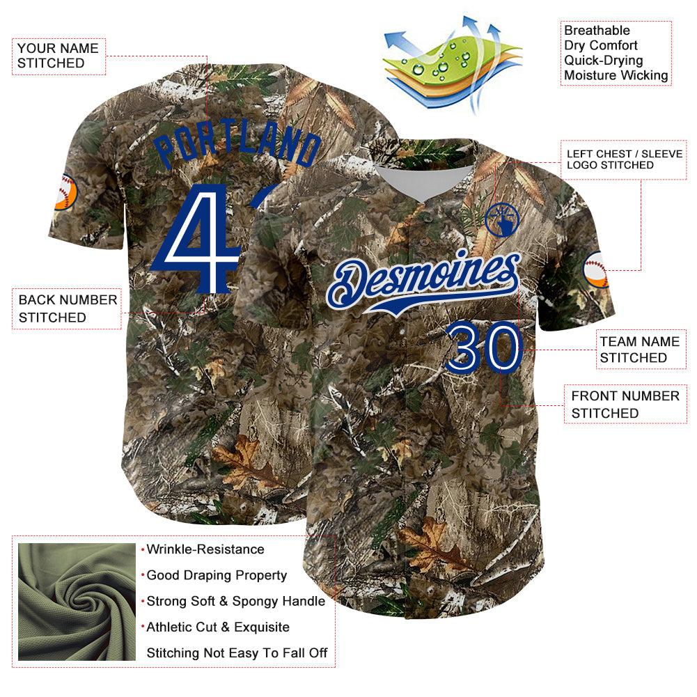 Custom Camo White-Royal Woodland Forest Camouflage Authentic Salute To Service Baseball Jersey
