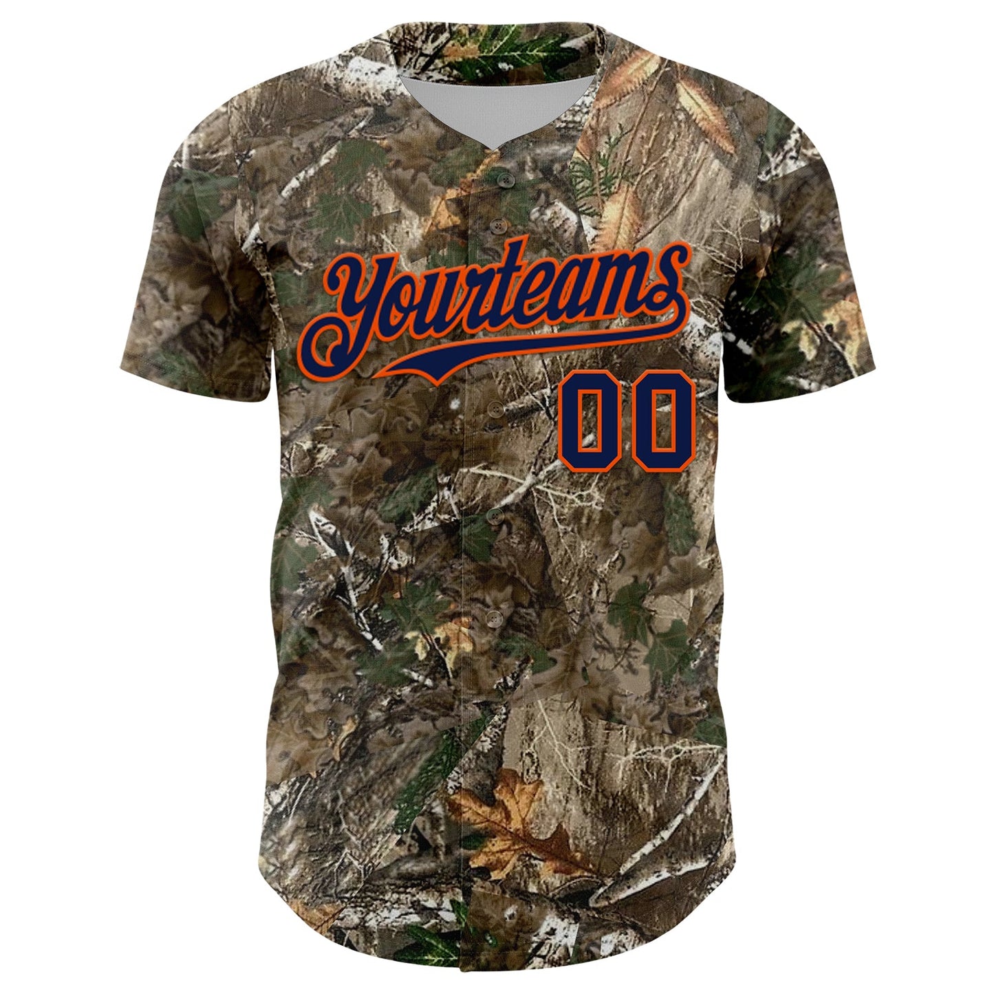 Custom Camo Navy-Orange Woodland Forest Camouflage Authentic Salute To Service Baseball Jersey