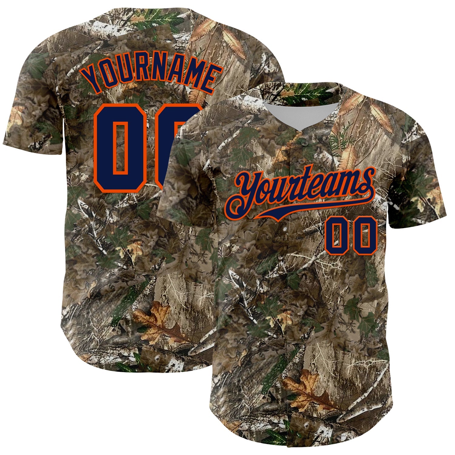 Custom Camo Navy-Orange Woodland Forest Camouflage Authentic Salute To Service Baseball Jersey
