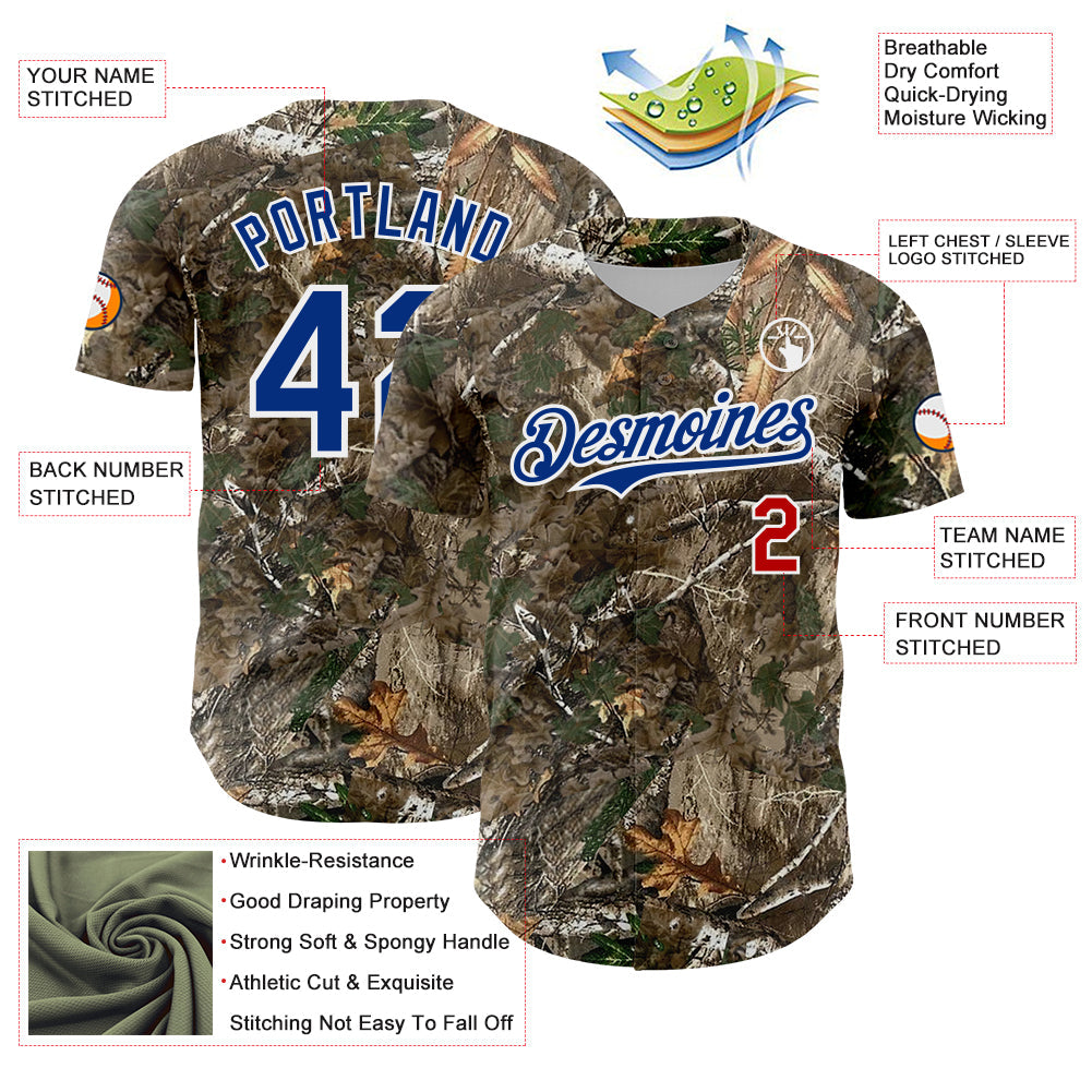 Custom Camo Royal Red-White Woodland Forest Camouflage Authentic Salute To Service Baseball Jersey