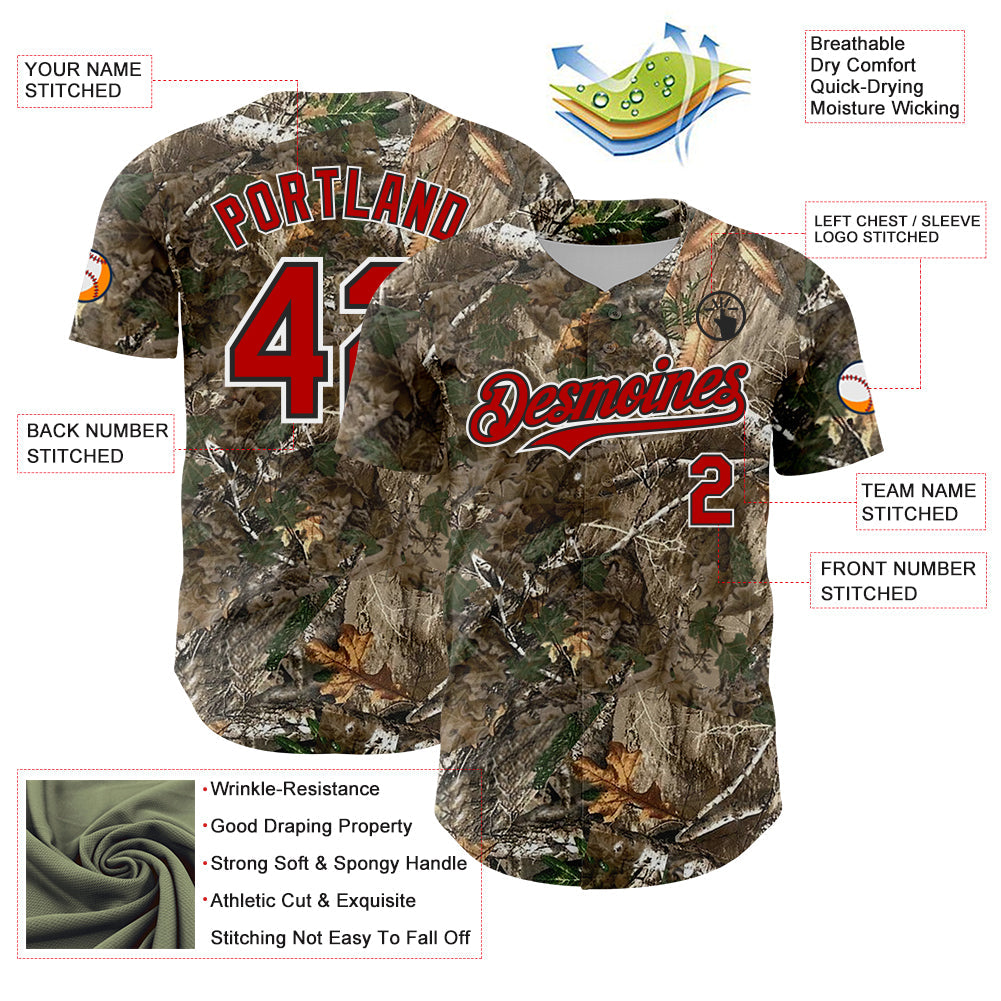 Custom Camo Red Black-White Woodland Forest Camouflage Authentic Salute To Service Baseball Jersey