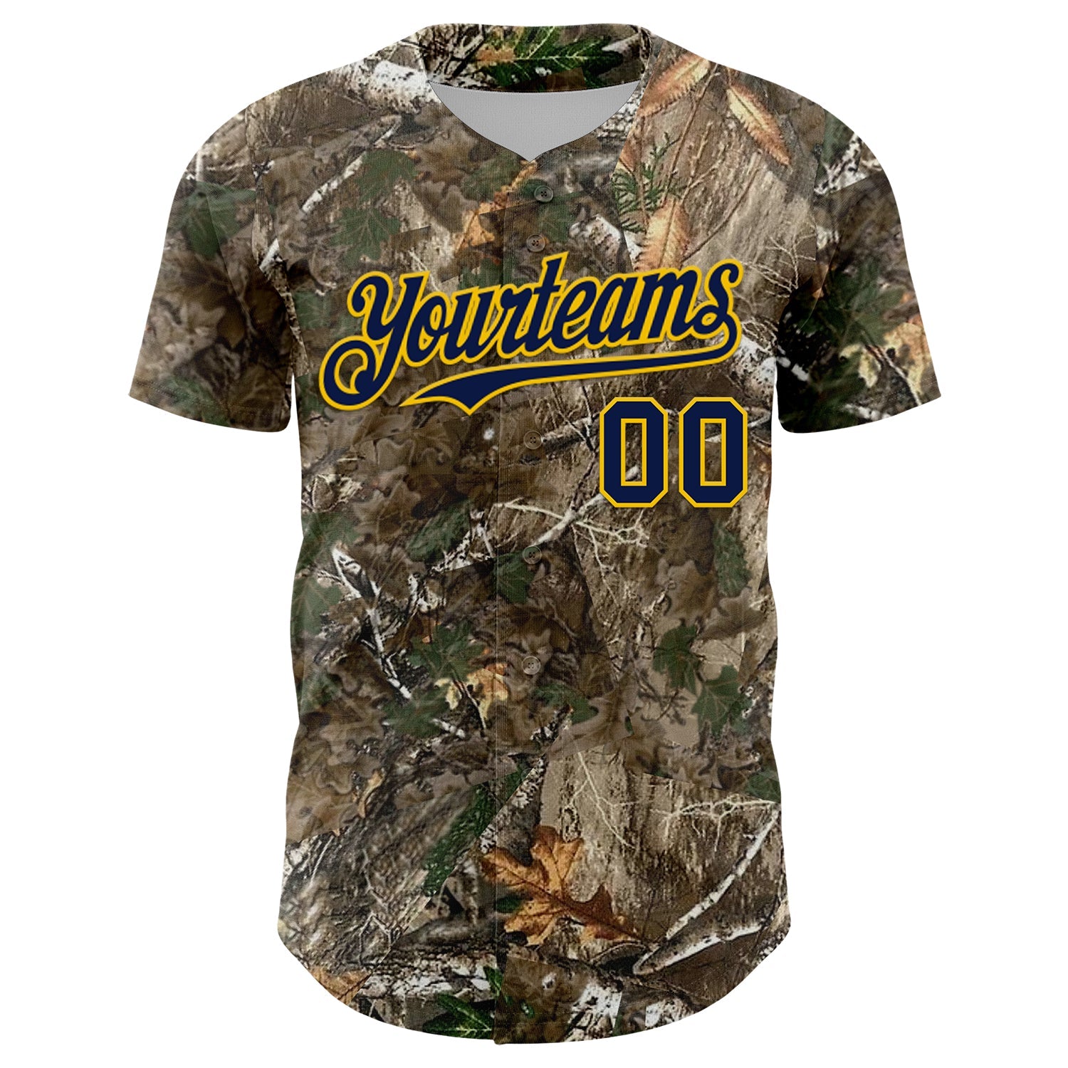 Custom Camo Navy-Yellow Woodland Forest Camouflage Authentic Salute To Service Baseball Jersey