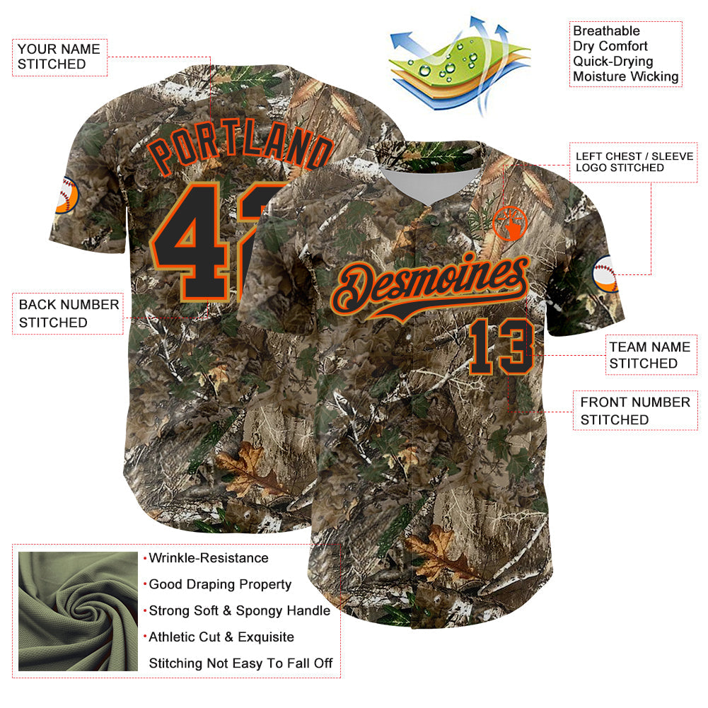 Custom Camo Black Orange-Old Gold Woodland Forest Camouflage Authentic Salute To Service Baseball Jersey