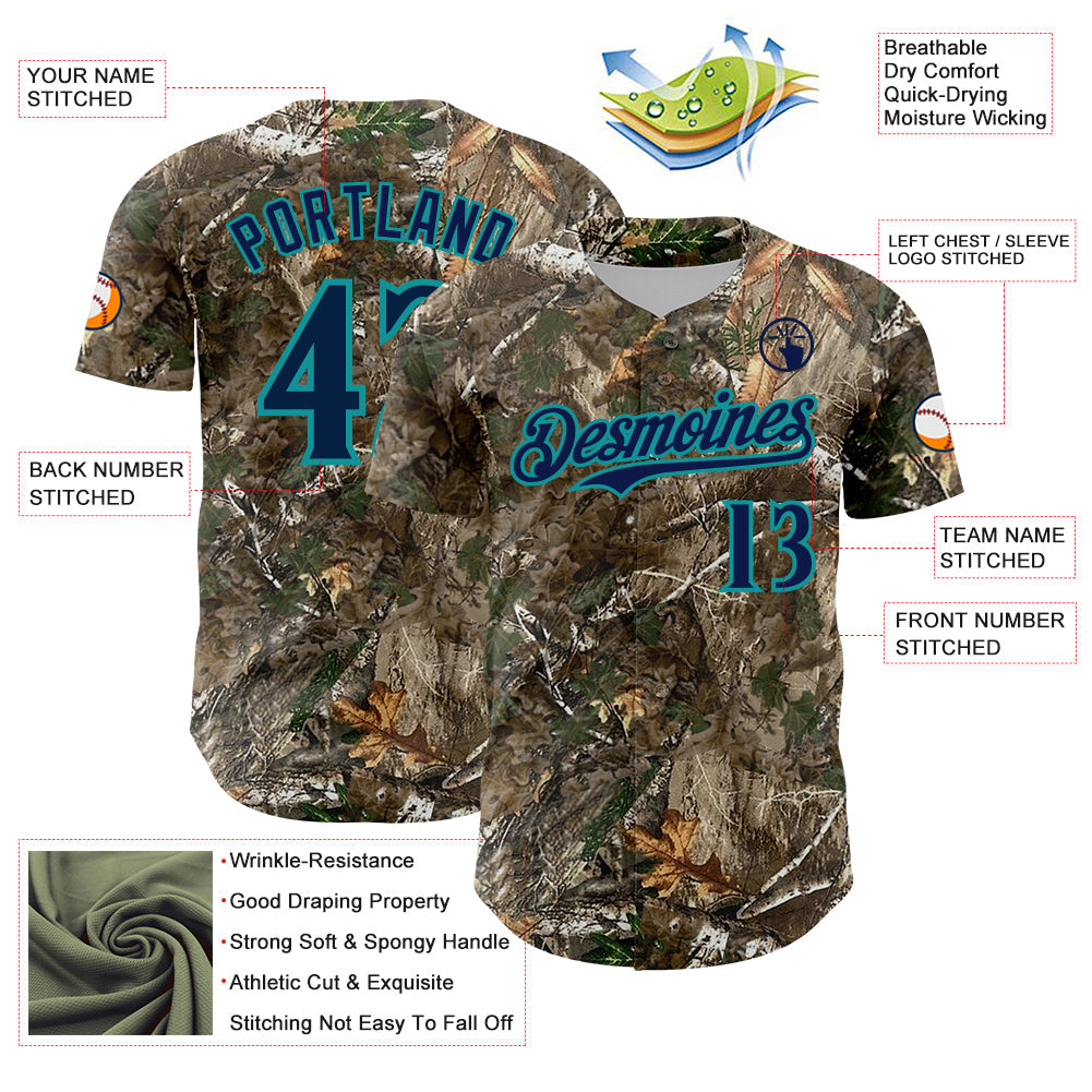 Custom Camo Navy-Teal Woodland Forest Camouflage Authentic Salute To Service Baseball Jersey