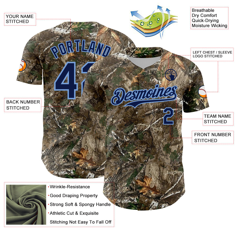 Custom Camo Navy-Powder Blue Woodland Forest Camouflage Authentic Salute To Service Baseball Jersey