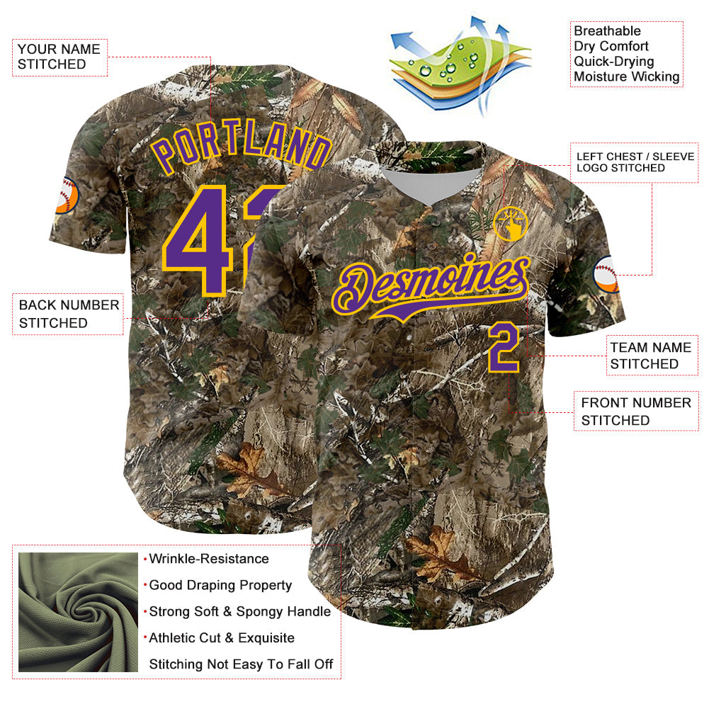 Custom Camo Purple-Yellow Woodland Forest Camouflage Authentic Salute To Service Baseball Jersey