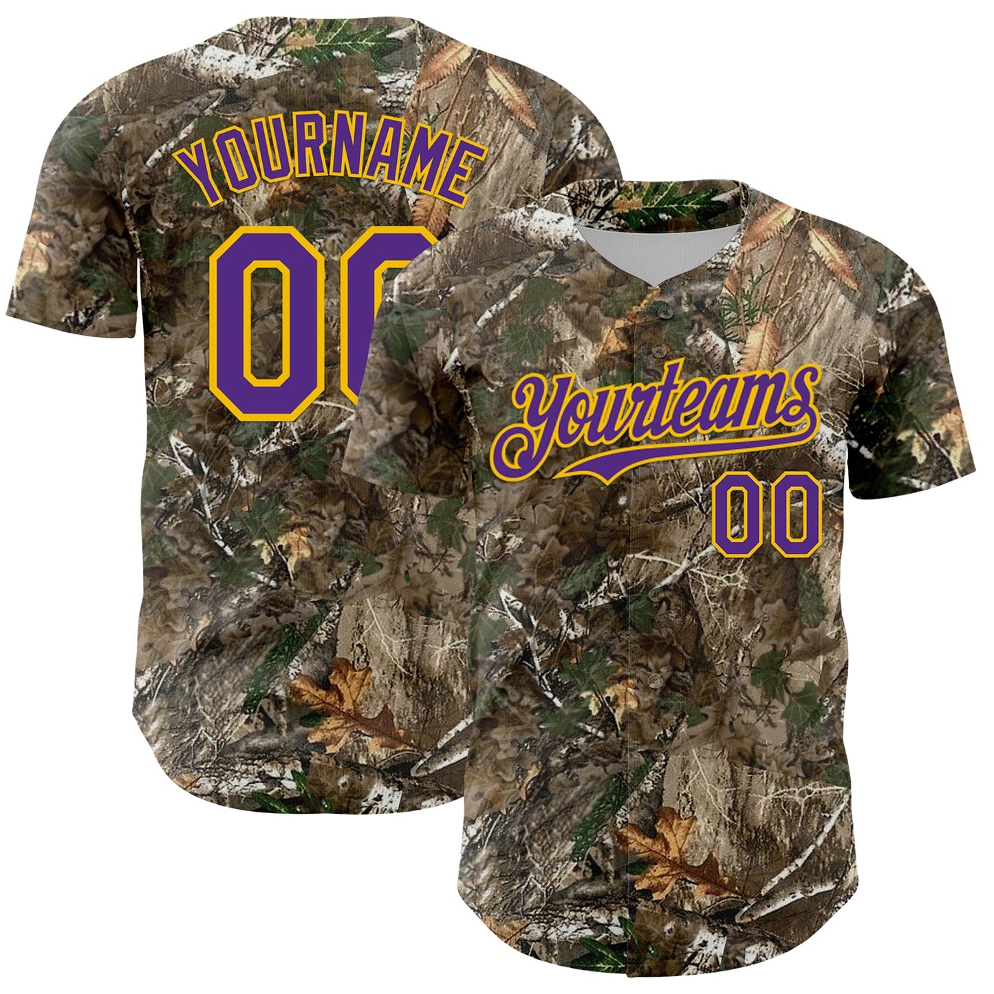 Custom Camo Purple-Yellow Woodland Forest Camouflage Authentic Salute To Service Baseball Jersey