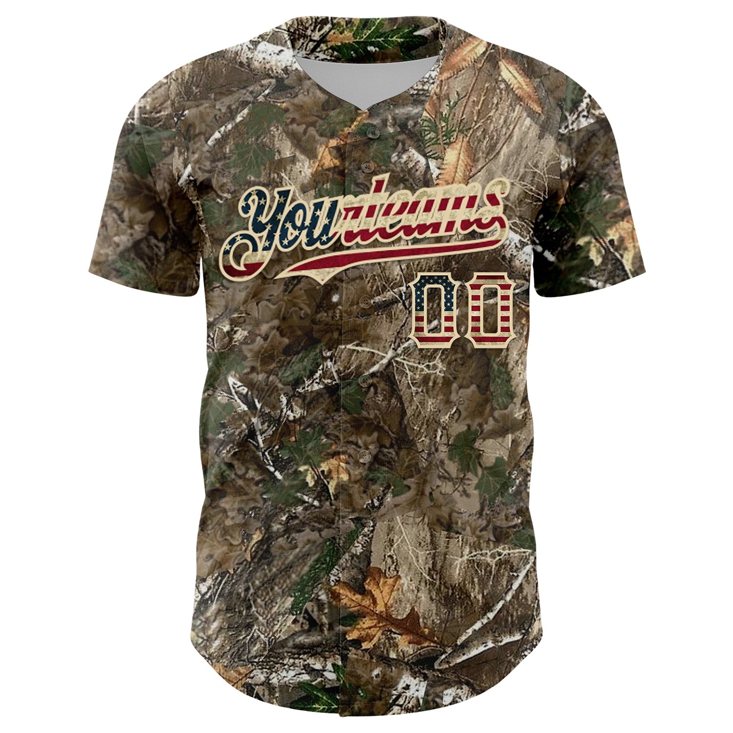 Custom Camo Vintage USA Flag-Cream Woodland Forest Camouflage Authentic Salute To Service Baseball Jersey