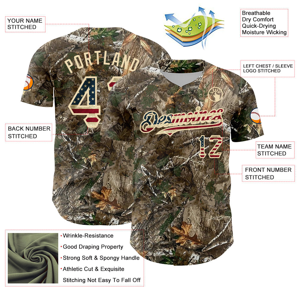 Custom Camo Vintage USA Flag-Cream Woodland Forest Camouflage Authentic Salute To Service Baseball Jersey