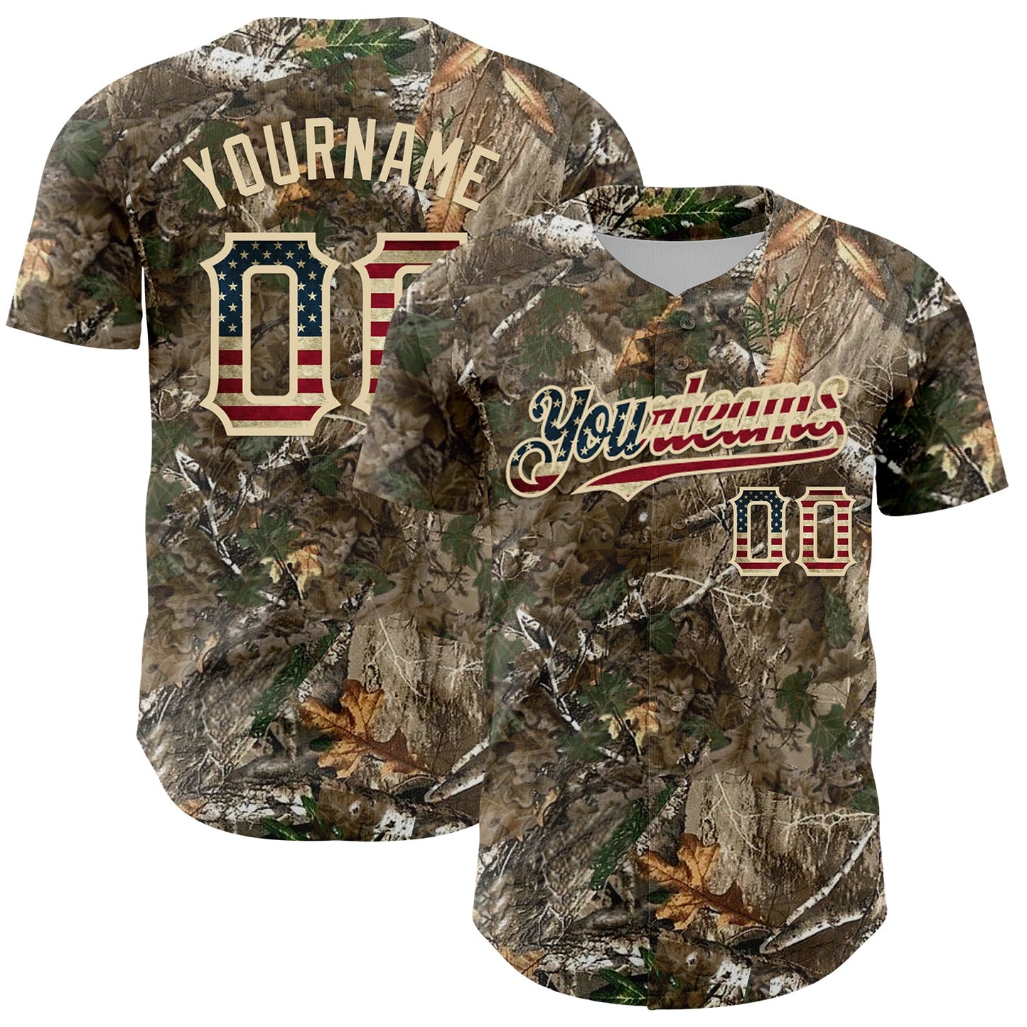 Custom Camo Vintage USA Flag-Cream Woodland Forest Camouflage Authentic Salute To Service Baseball Jersey