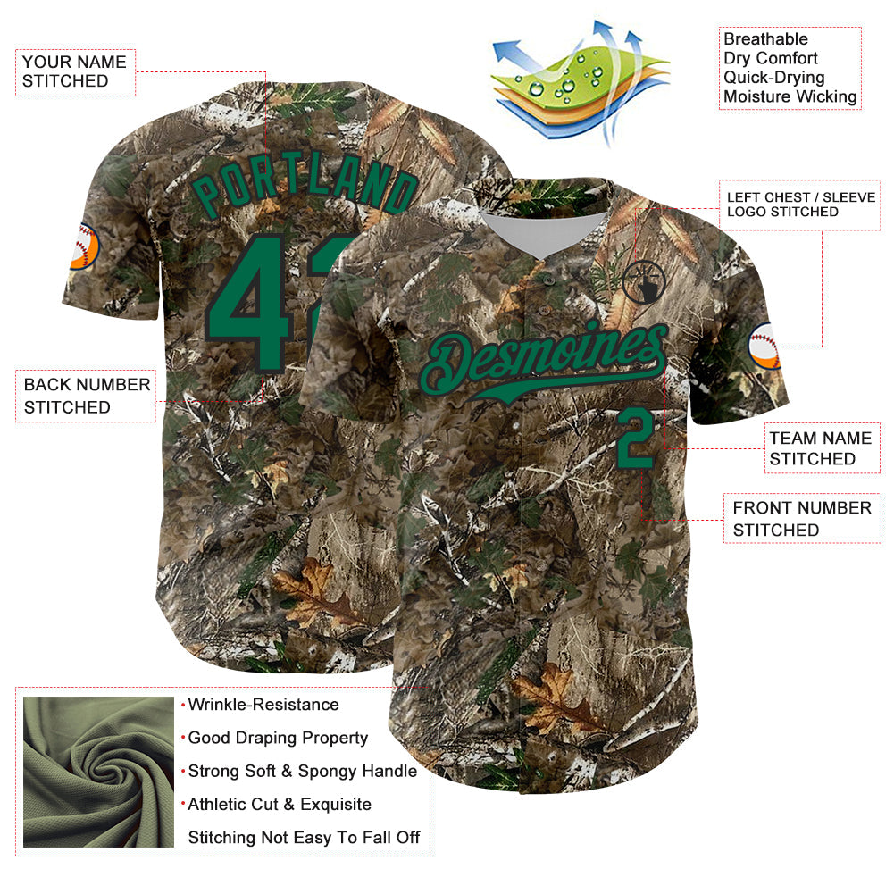 Custom Camo Kelly Green-Black Woodland Forest Camouflage Authentic Salute To Service Baseball Jersey