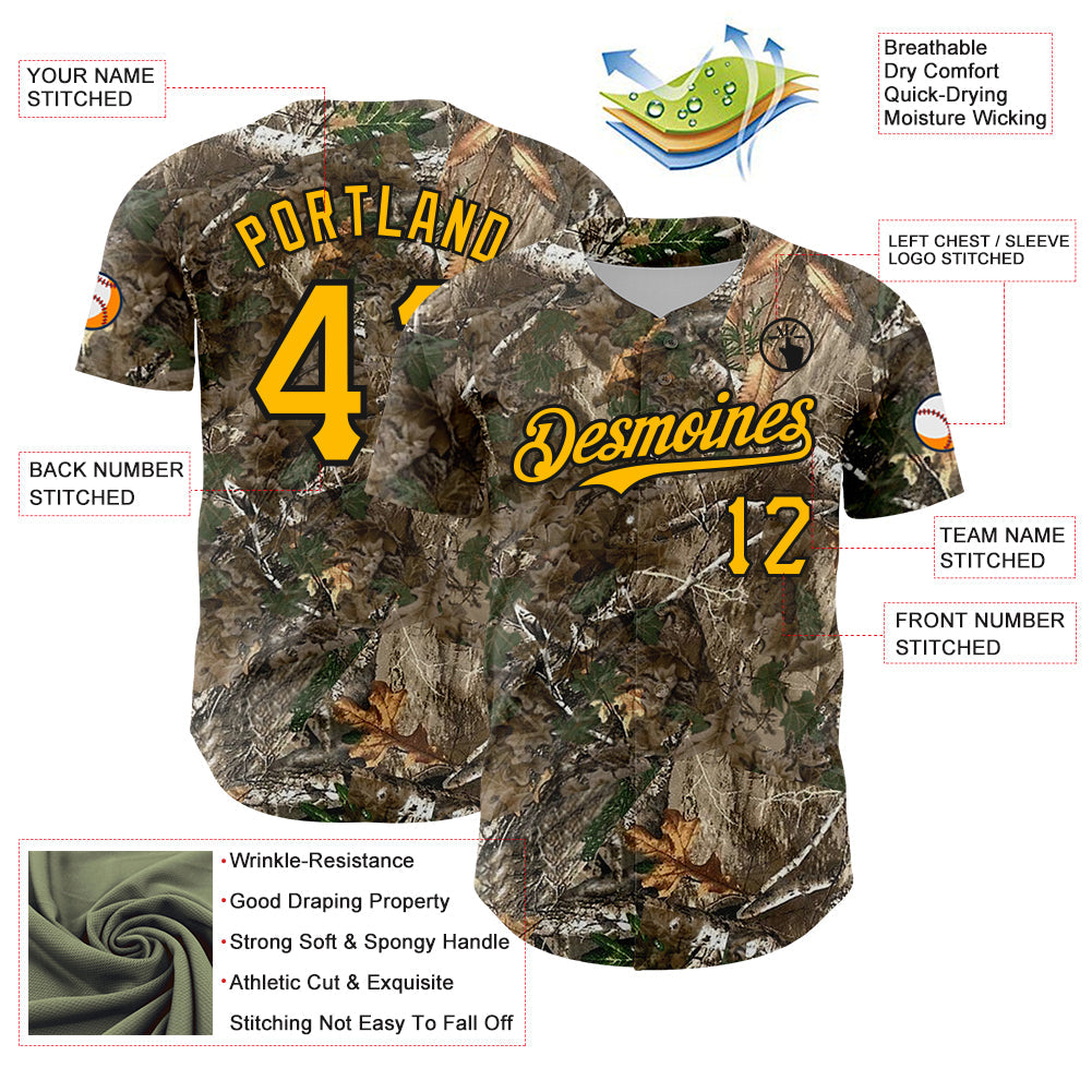 Custom Camo Gold-Black Woodland Forest Camouflage Authentic Salute To Service Baseball Jersey