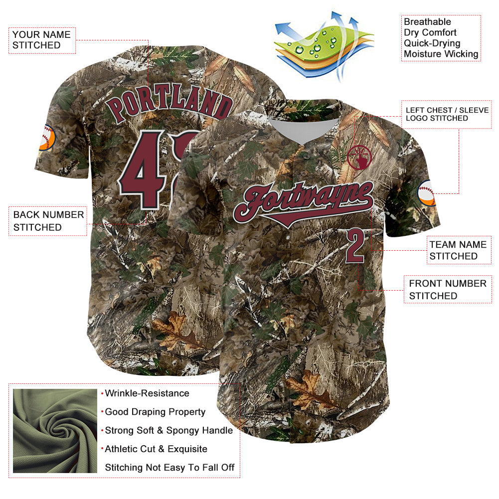 Custom Camo Burgundy White-Black Woodland Forest Camouflage Authentic Salute To Service Baseball Jersey