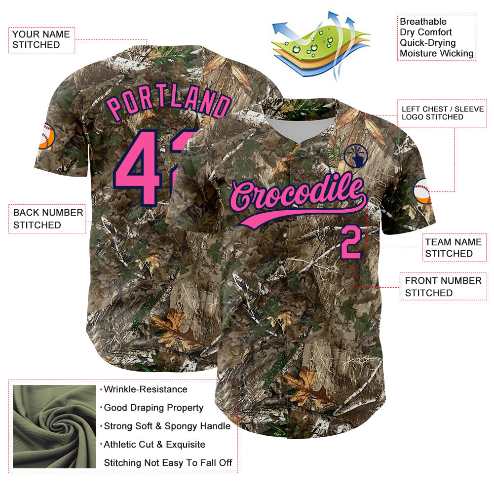 Custom Camo Pink-Navy Woodland Forest Camouflage Authentic Salute To Service Baseball Jersey
