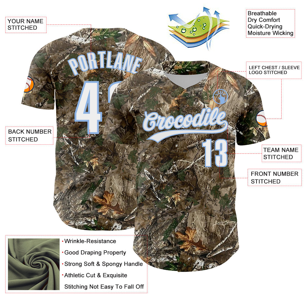 Custom Camo White-Light Blue Woodland Forest Camouflage Authentic Salute To Service Baseball Jersey