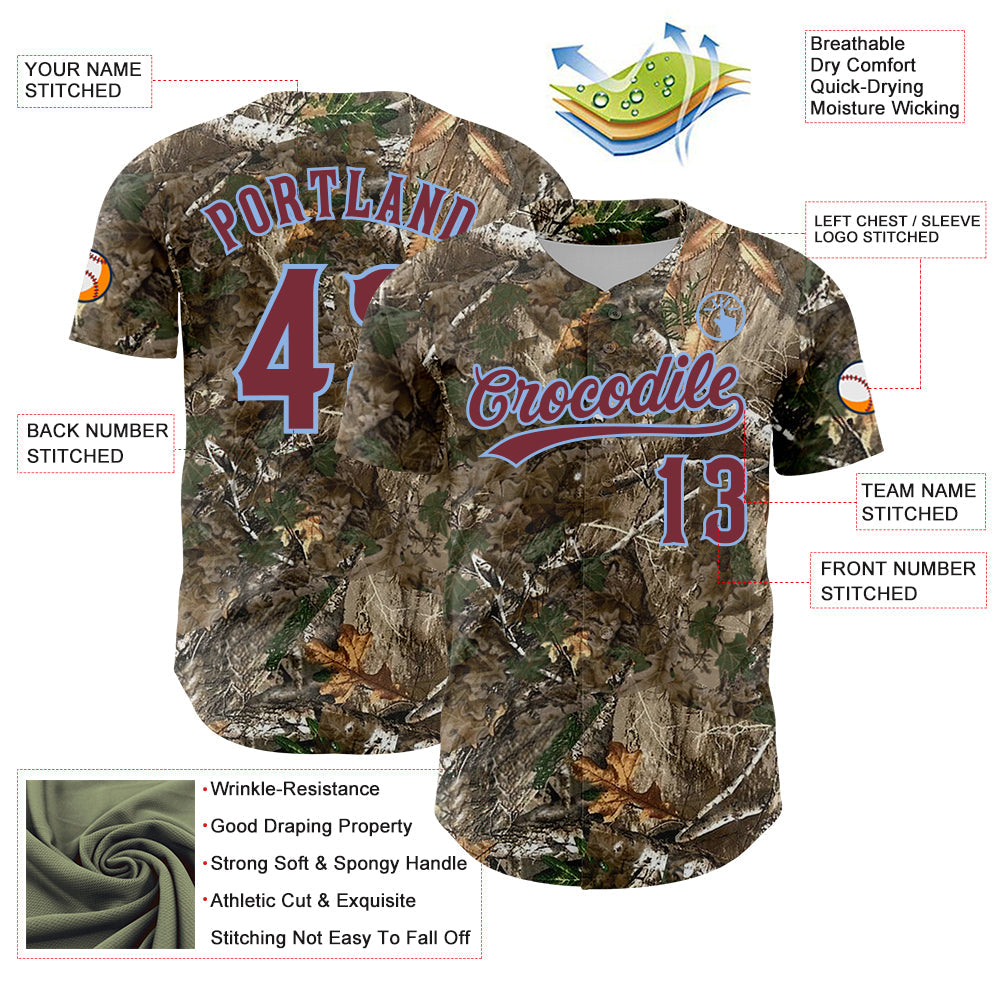 Custom Camo Burgundy-Light Blue Woodland Forest Camouflage Authentic Salute To Service Baseball Jersey
