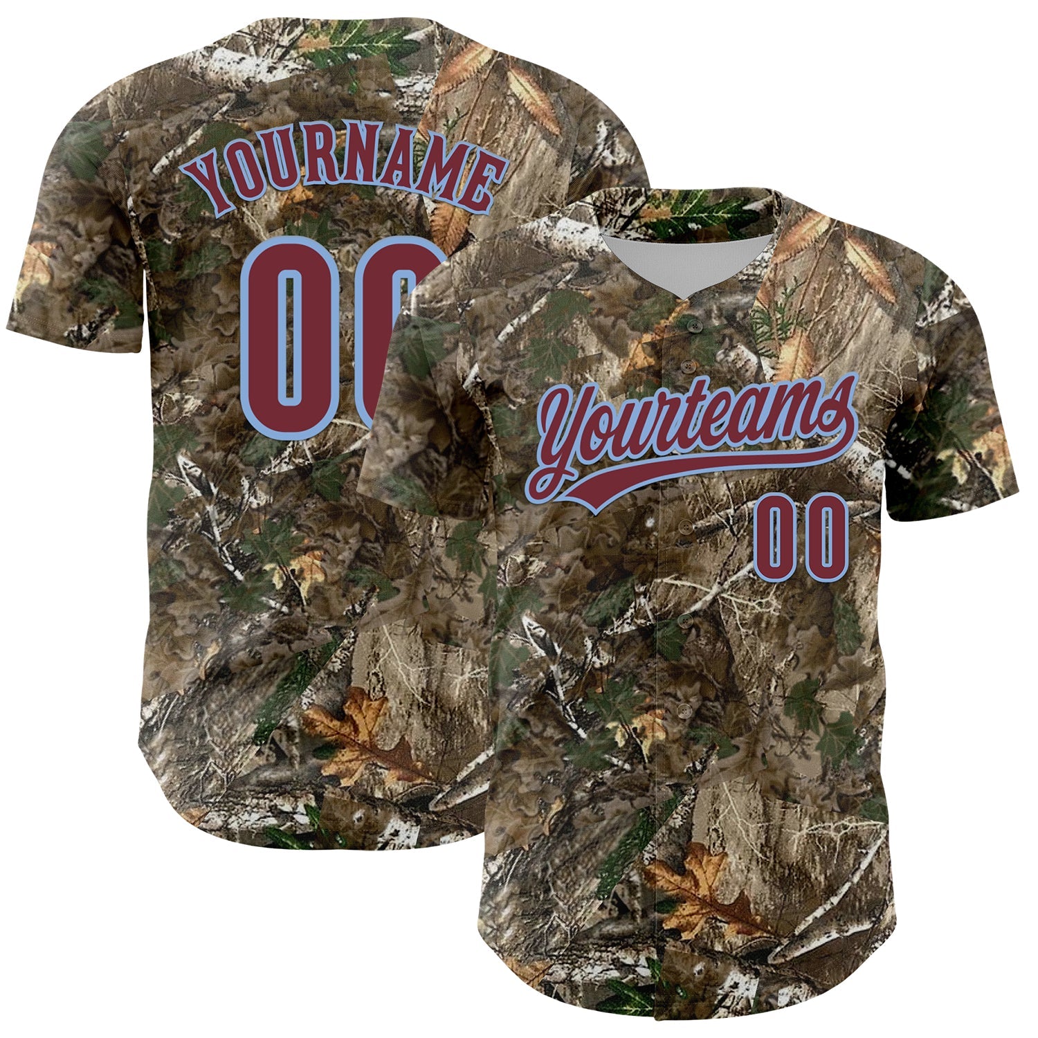 Custom Camo Burgundy-Light Blue Woodland Forest Camouflage Authentic Salute To Service Baseball Jersey