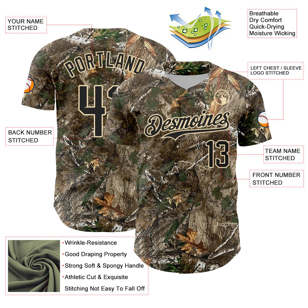 Custom Camo Black-Cream Woodland Forest Camouflage Authentic Salute To Service Baseball Jersey