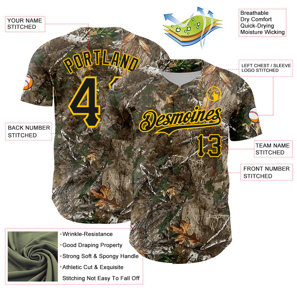 Custom Camo Black-Yellow Woodland Forest Camouflage Authentic Salute To Service Baseball Jersey