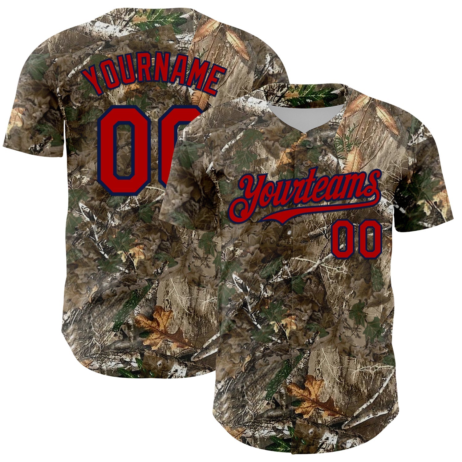 Custom Camo Red-Navy Woodland Forest Camouflage Authentic Salute To Service Baseball Jersey