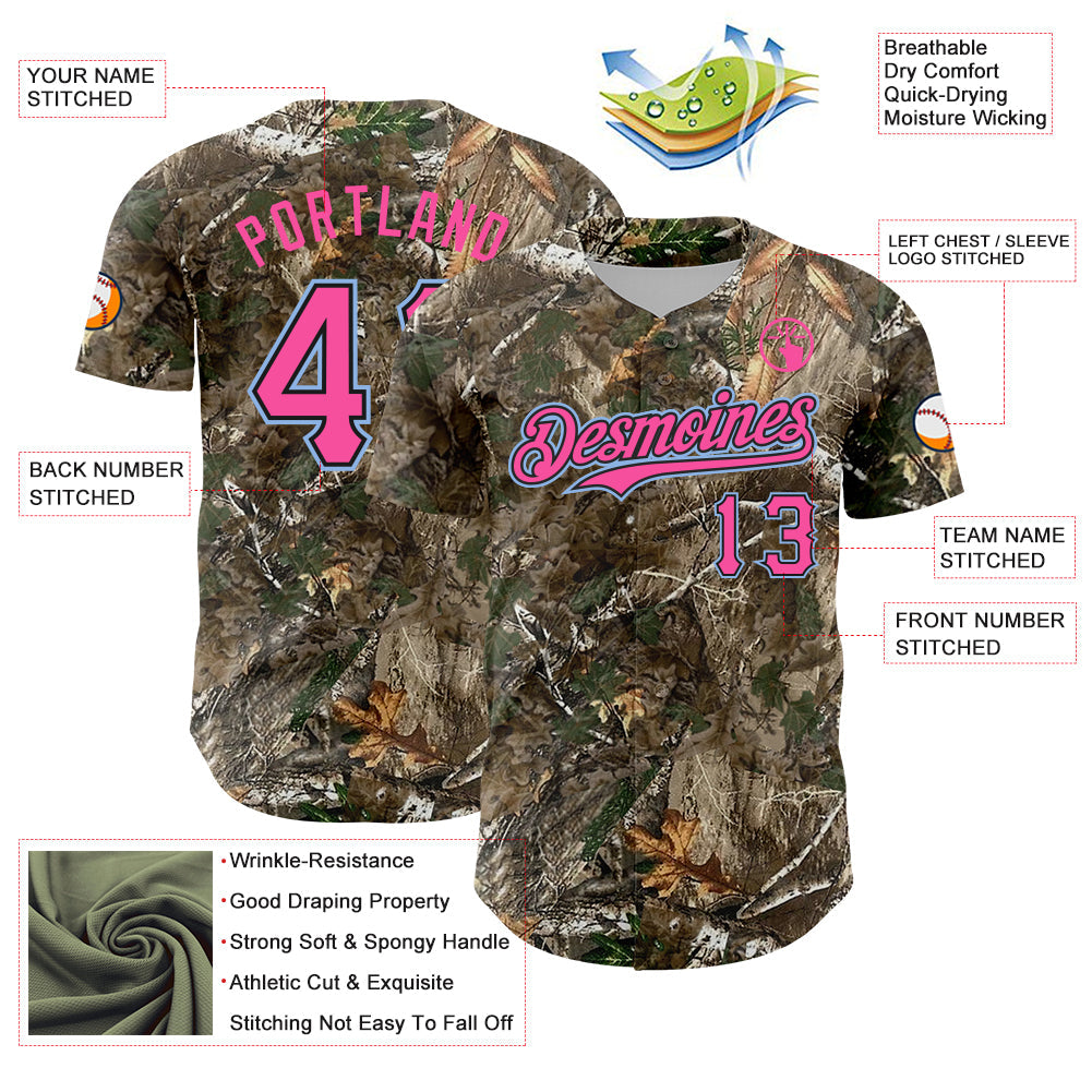 Custom Camo Light Blue Black-Pink Woodland Forest Camouflage Authentic Salute To Service Baseball Jersey