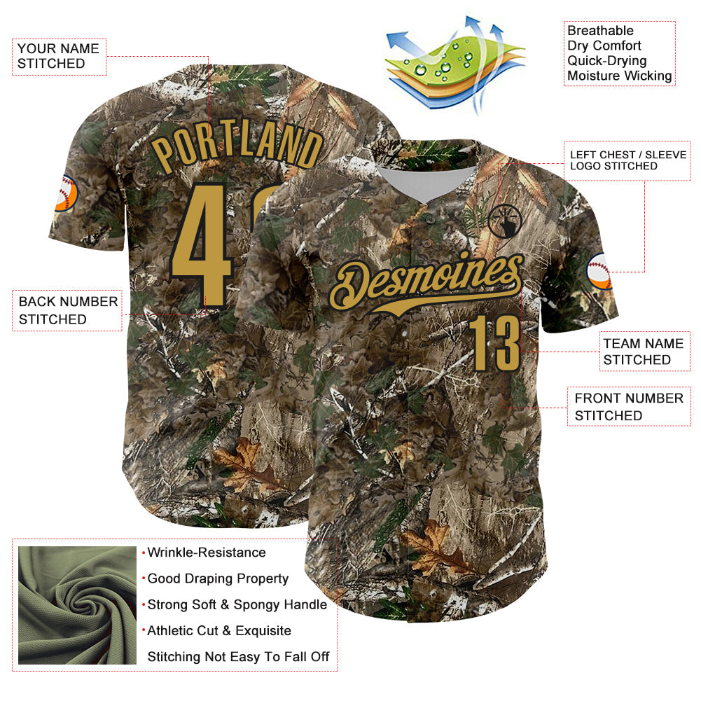 Custom Camo Old Gold-Black Woodland Forest Camouflage Authentic Salute To Service Baseball Jersey