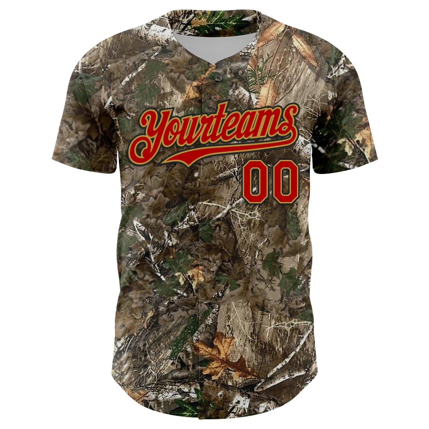 Custom Camo Red Old Gold-Black Woodland Forest Camouflage Authentic Salute To Service Baseball Jersey