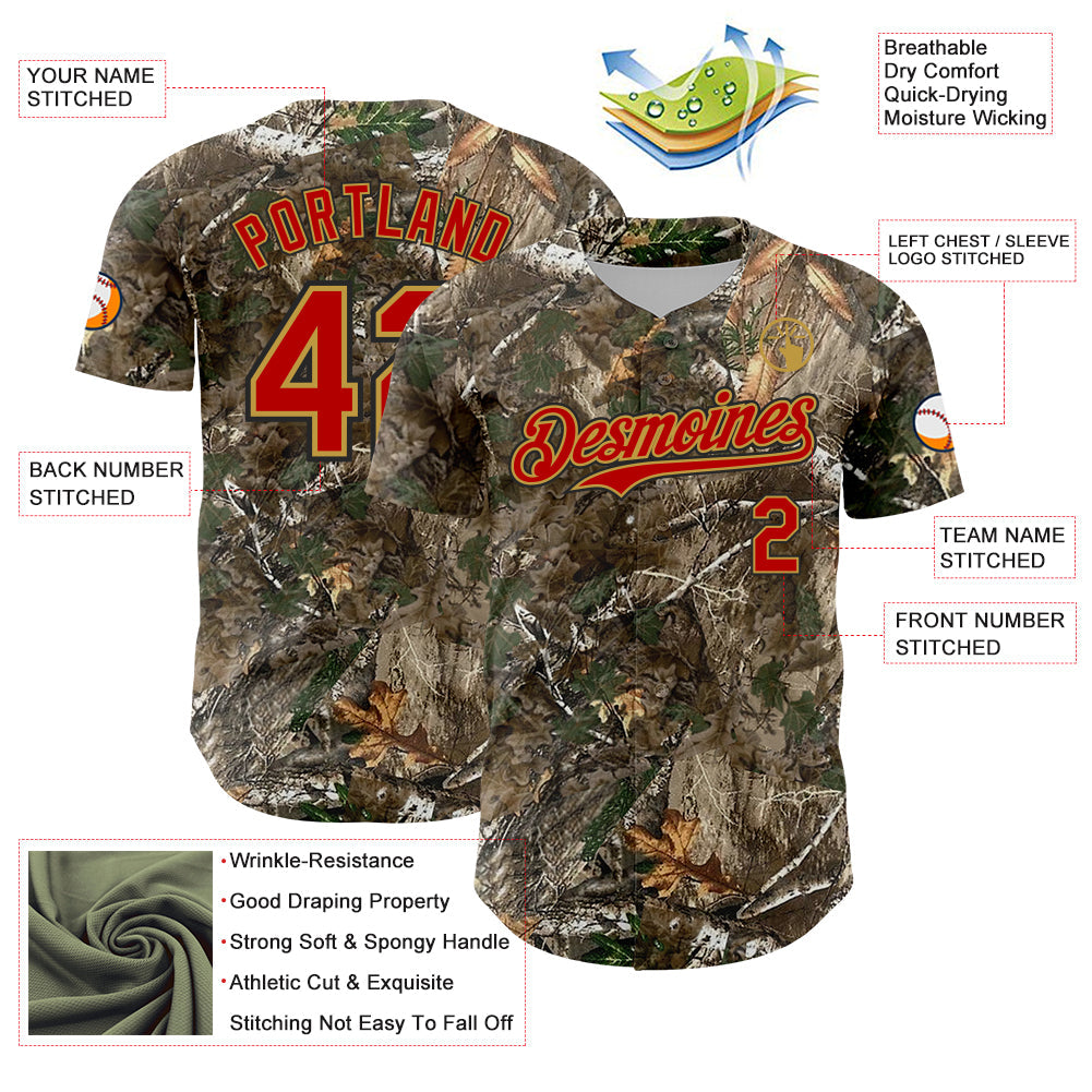 Custom Camo Red Old Gold-Black Woodland Forest Camouflage Authentic Salute To Service Baseball Jersey