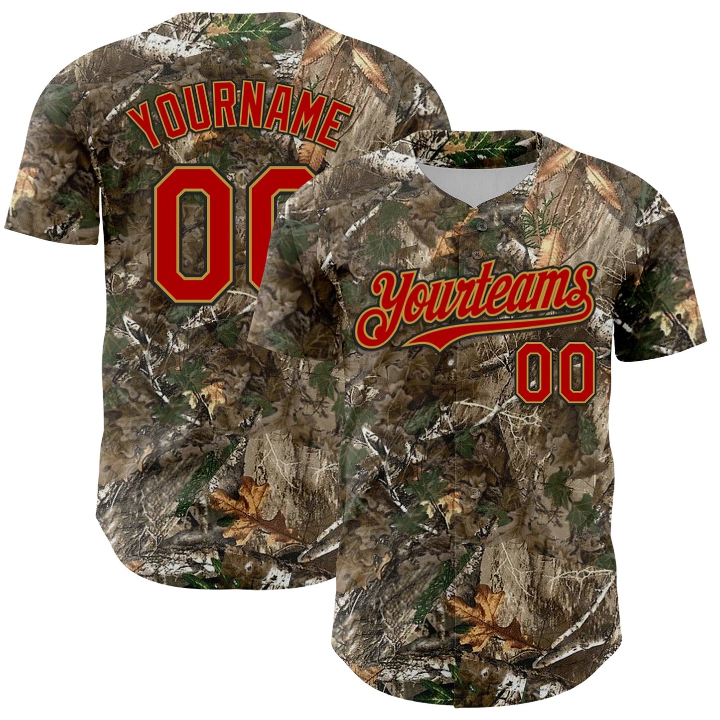 Custom Camo Red Old Gold-Black Woodland Forest Camouflage Authentic Salute To Service Baseball Jersey