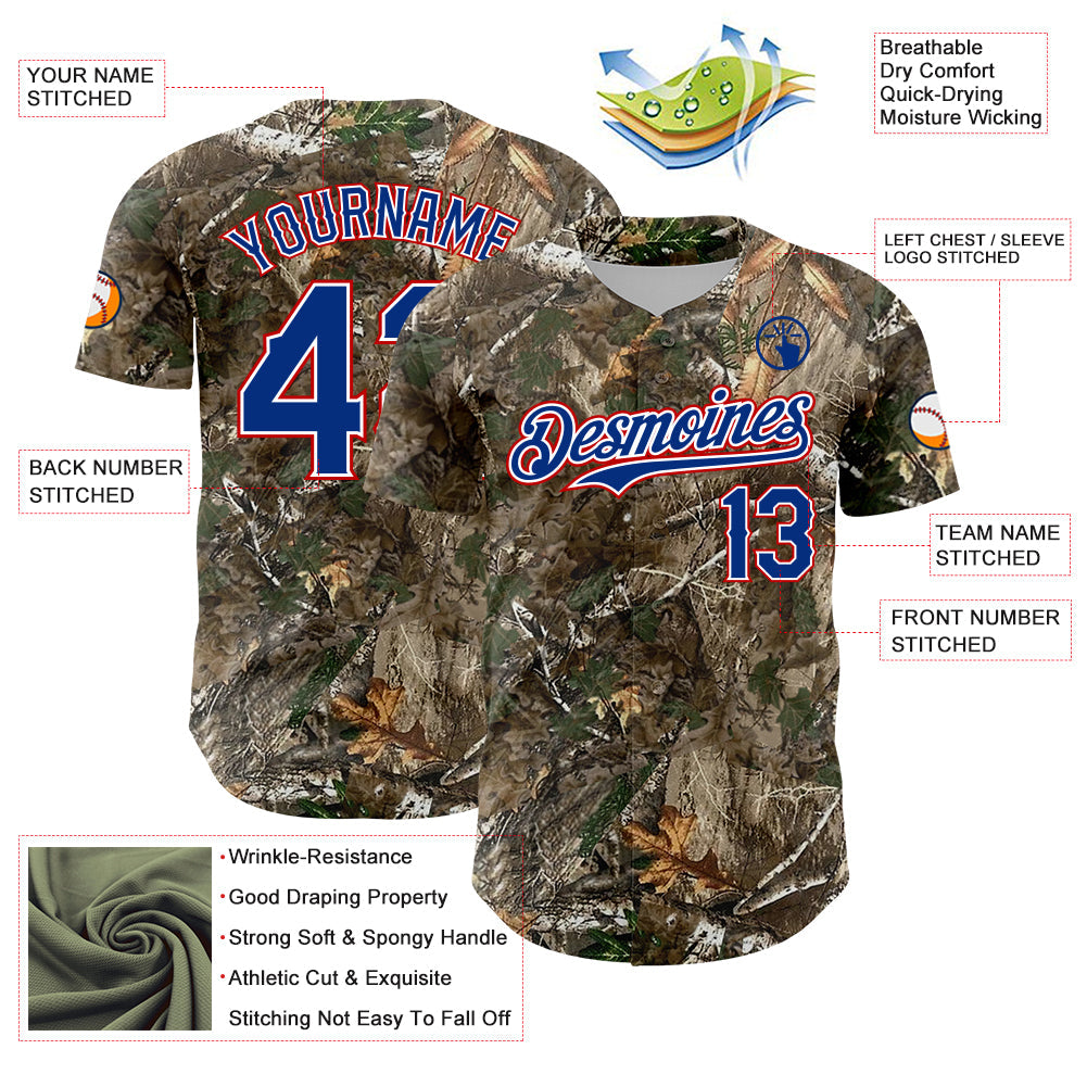 Custom Camo Royal White-Red Woodland Forest Camouflage Authentic Salute To Service Baseball Jersey