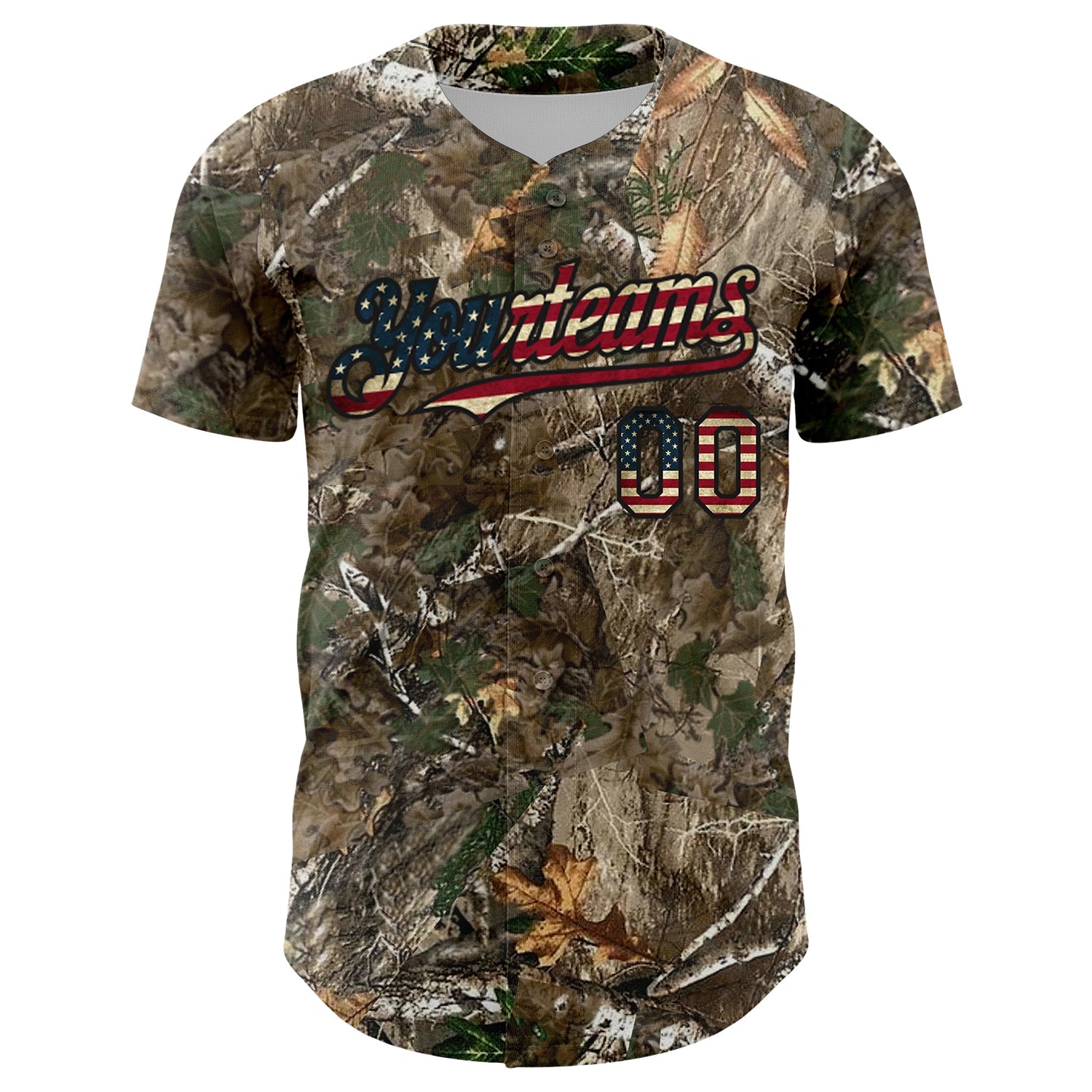 Custom Camo Vintage USA Flag Olive-Black Woodland Forest Camouflage Authentic Salute To Service Baseball Jersey