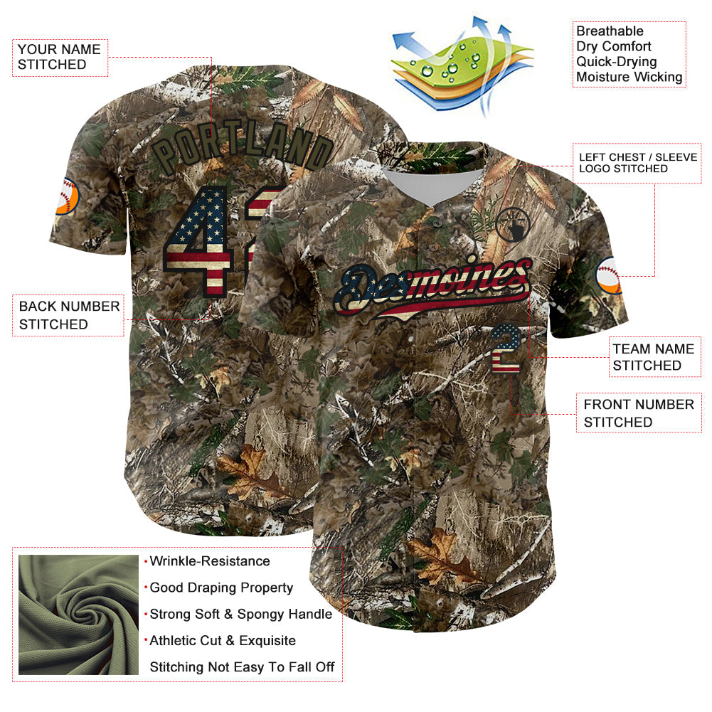 Custom Camo Vintage USA Flag Olive-Black Woodland Forest Camouflage Authentic Salute To Service Baseball Jersey
