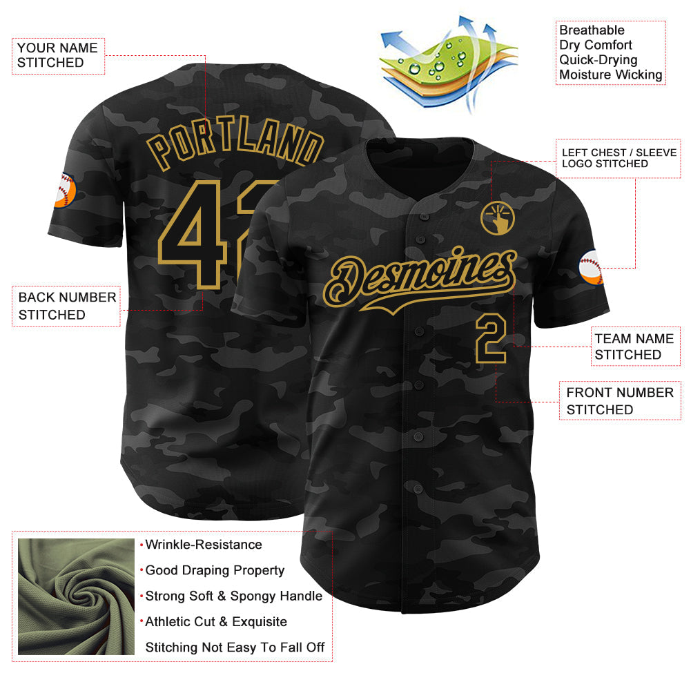 Custom Camo Black-Old Gold Dark Camouflage Tactical Style Authentic Salute To Service Baseball Jersey