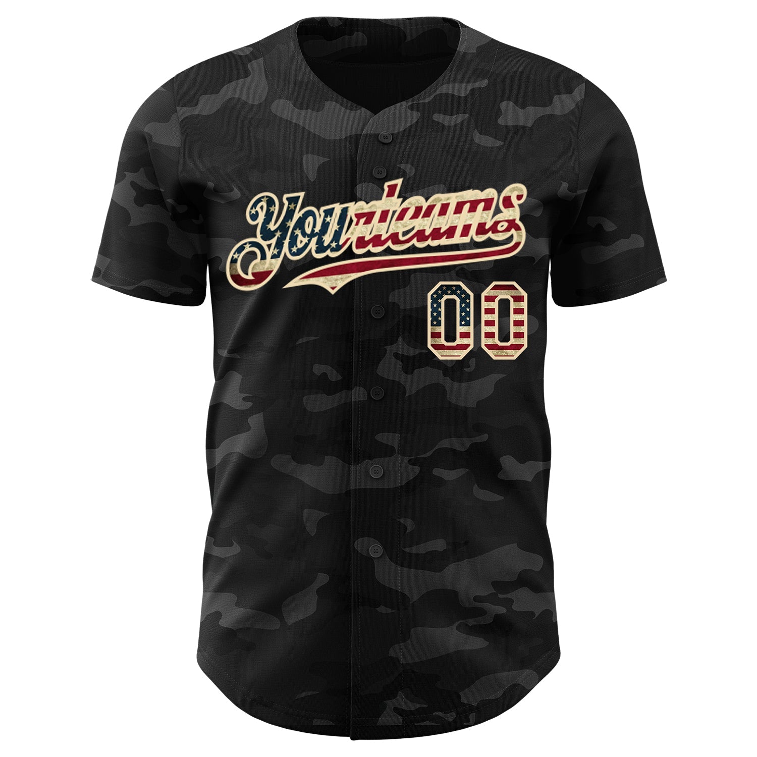 Custom Camo Vintage USA Flag Black-Cream Dark Camouflage Tactical Style Authentic Salute To Service Baseball Jersey