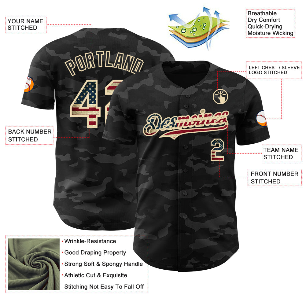Custom Camo Vintage USA Flag Black-Cream Dark Camouflage Tactical Style Authentic Salute To Service Baseball Jersey
