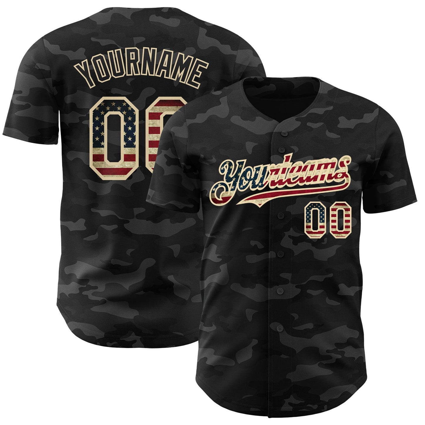 Custom Camo Vintage USA Flag Black-Cream Dark Camouflage Tactical Style Authentic Salute To Service Baseball Jersey
