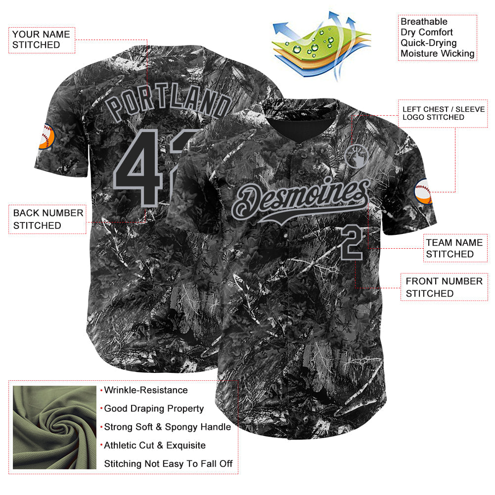 Custom Camo Black-Gray Woodland Forest Camouflage Authentic Salute To Service Baseball Jersey
