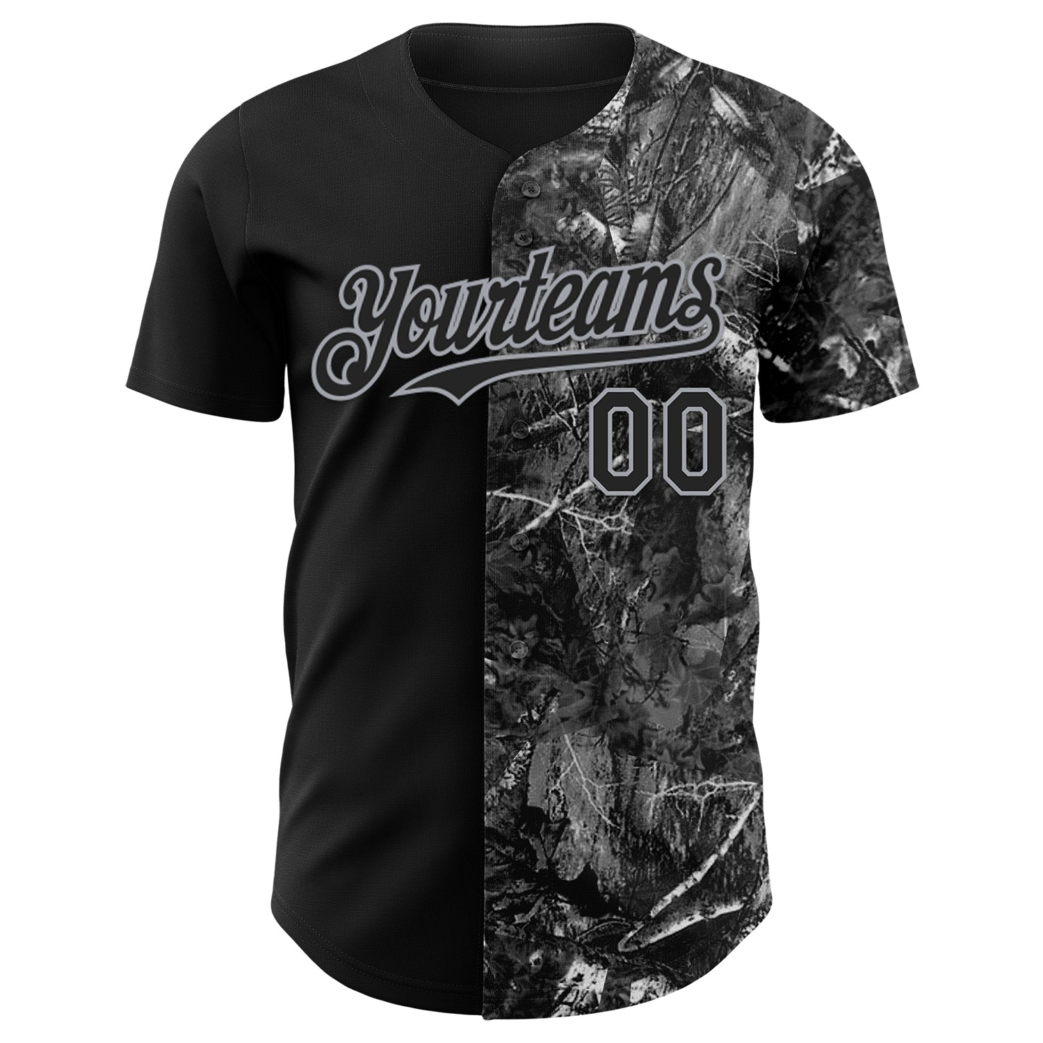 Custom Camo Black-Gray Woodland Forest Camouflage Split Authentic Salute To Service Baseball Jersey