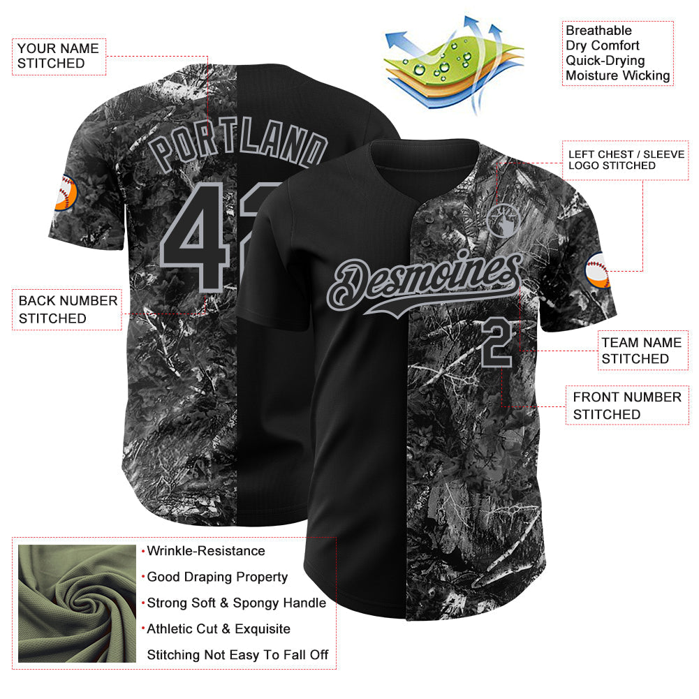 Custom Camo Black-Gray Woodland Forest Camouflage Split Authentic Salute To Service Baseball Jersey