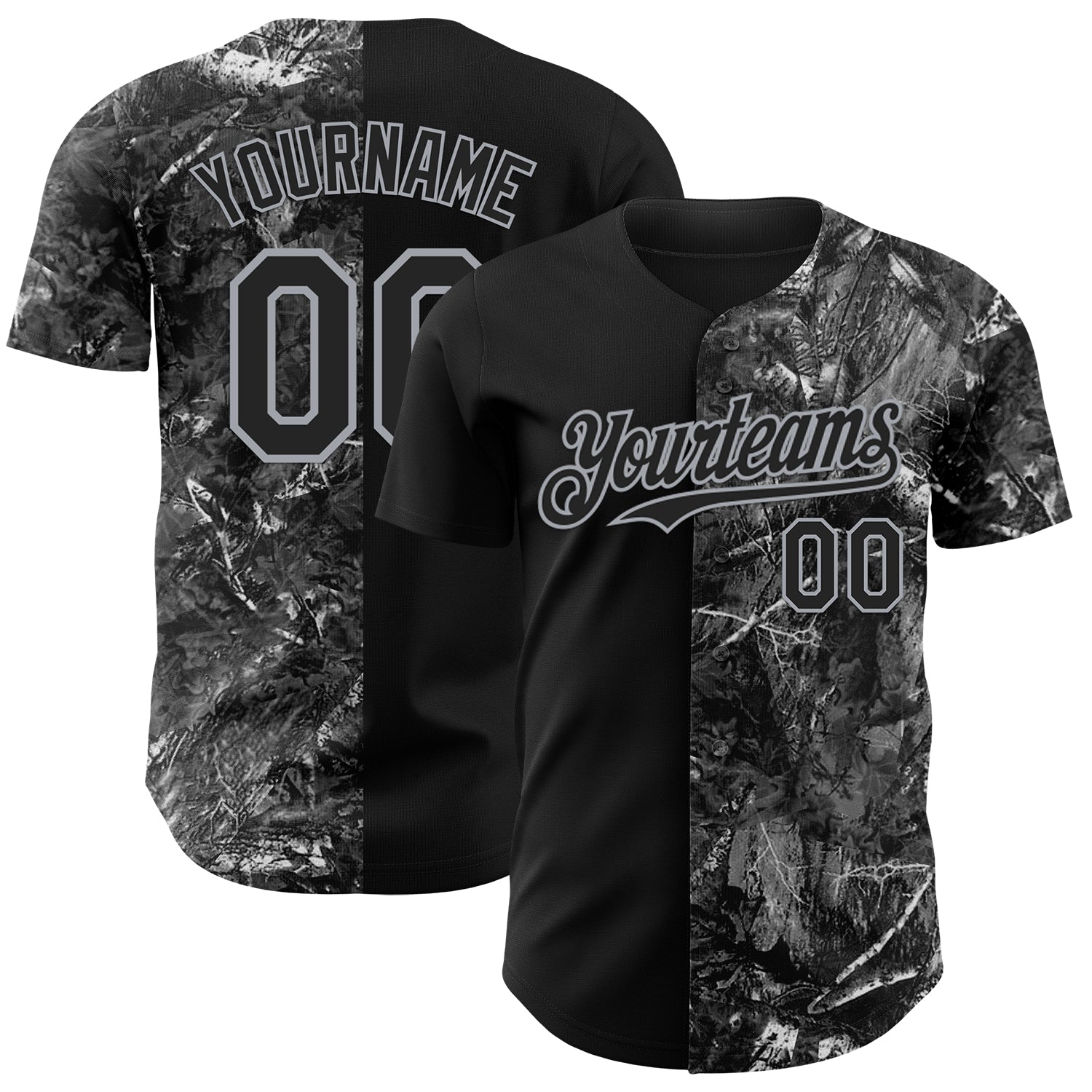 Custom Camo Black-Gray Woodland Forest Camouflage Split Authentic Salute To Service Baseball Jersey
