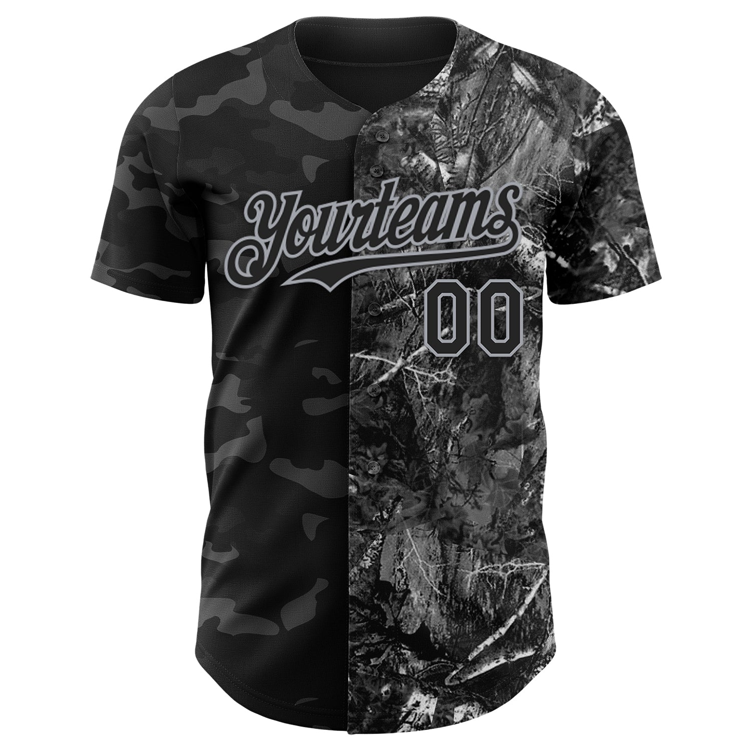 Custom Camo Black-Gray Woodland Forest Split Dark Camouflage Authentic Salute To Service Baseball Jersey