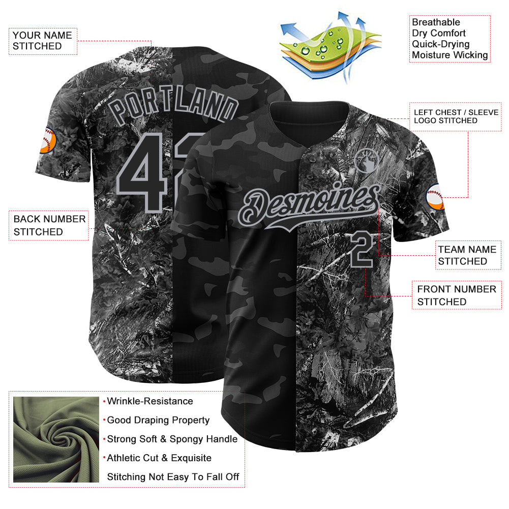 Custom Camo Black-Gray Woodland Forest Split Dark Camouflage Authentic Salute To Service Baseball Jersey