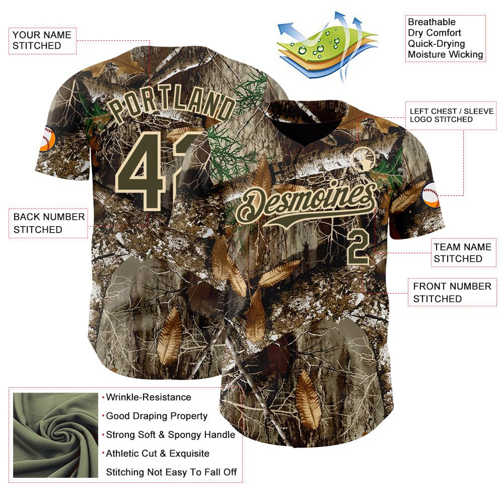 Custom Camo Olive-Cream Woodland Forest Camouflage Authentic Salute To Service Baseball Jersey