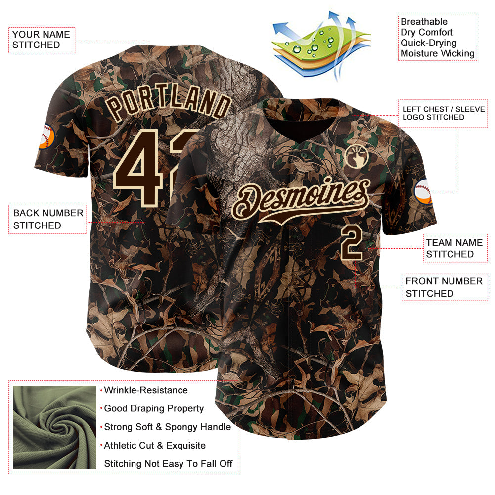 Custom Camo Brown-Cream Woodland Forest Camouflage Authentic Salute To Service Baseball Jersey